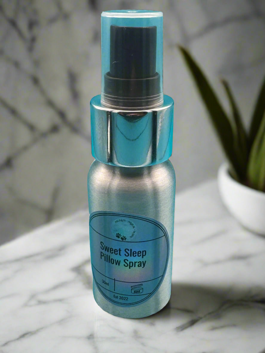 a picture of a bottle that is in a bathroom that says sweet sleep pillow spray
